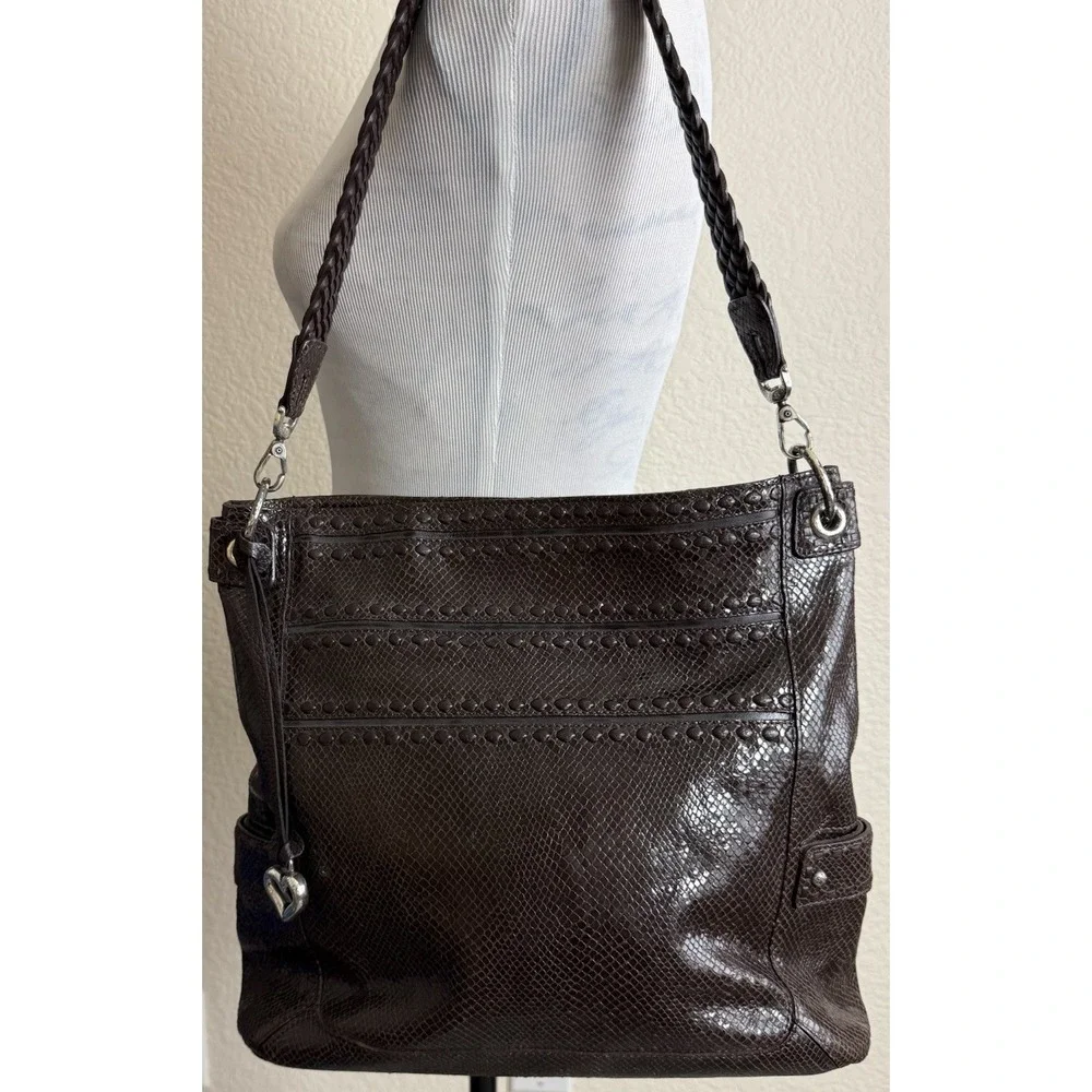 Brighton Embossed Snakeskin Hobo Handbag Brown Leather Shoulder Bag With Charm
